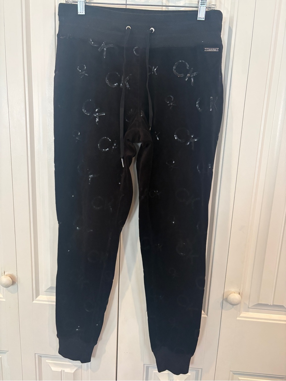 Calvin Klein black sequin logo velour joggers size small